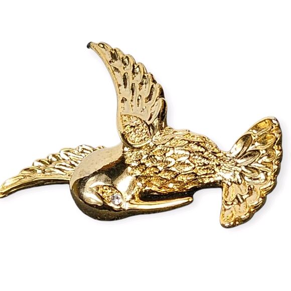 Vintage Gold Tone Hummingbird Bird Brooch Pin with Rhinestone Accents Jewelry - Picture 3 of 4